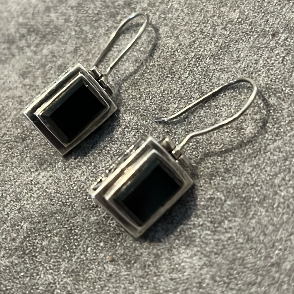 Sterling Black Onyx Rectangular Floral Scroll Ear… - image 6